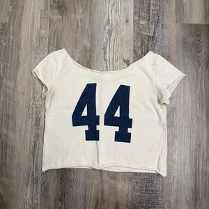 Brandy Melville John Galt off the shoulder white and navy top